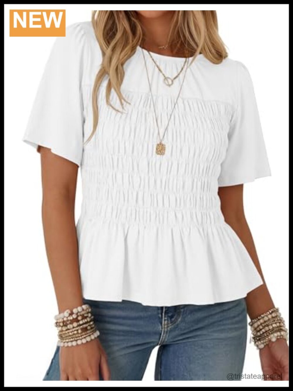 Smocked Peplum Babydoll Blouse Ruffle Hem Puff Sleeve Cotton Spandex Summer Top